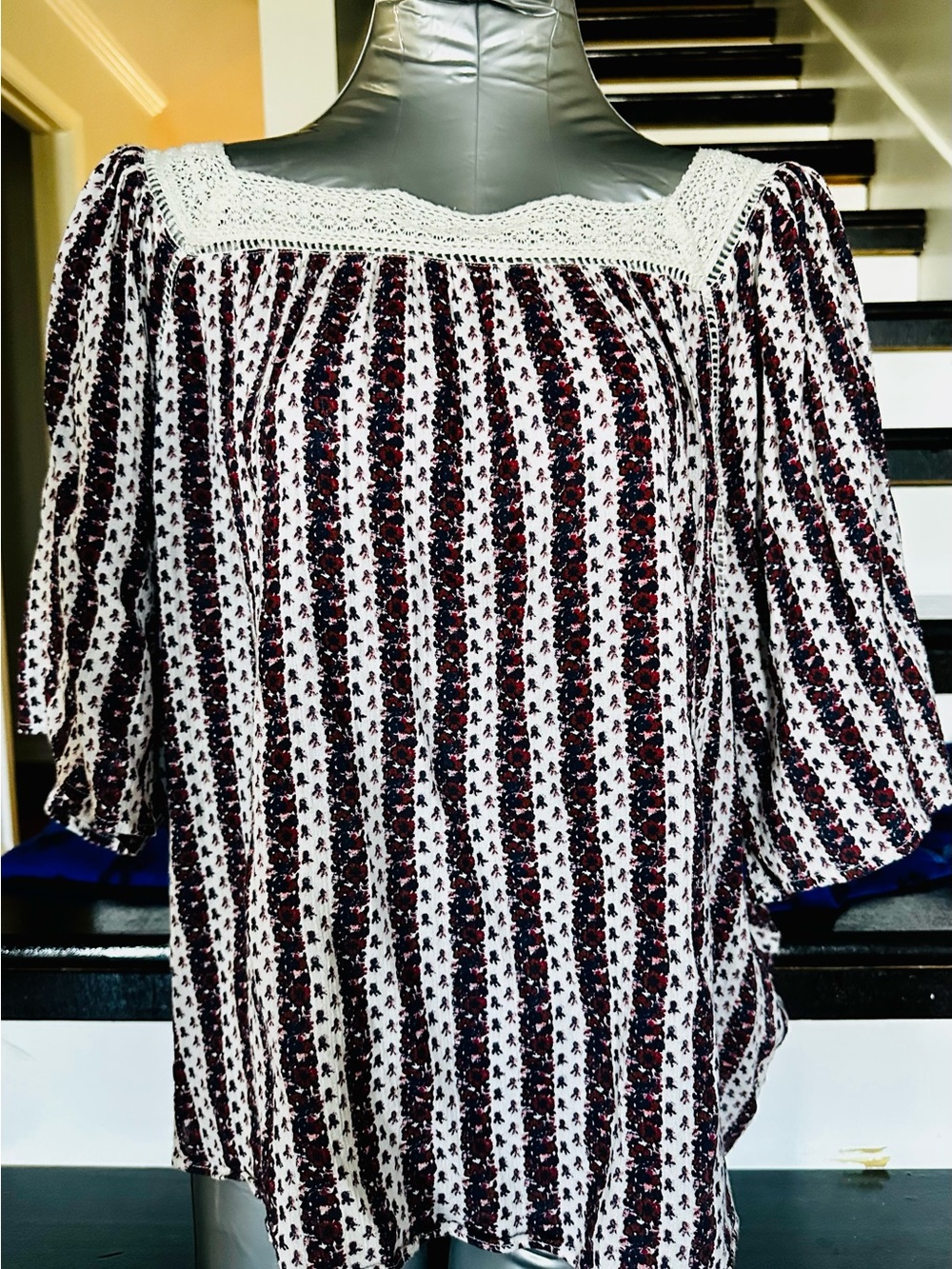 American Eagle XXL Bohemian Square-Neck Peasant Blouse in White, burgundy & navy